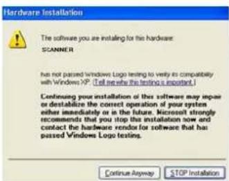 Hardware Installation The software you are installing for this hardware: SCANNER has not passed Windows Logo testing to verify its compatibility with Windows XP. (Tell me what the software is important.) Continuing your installation of this software may impair or destabilize the correct operation of…