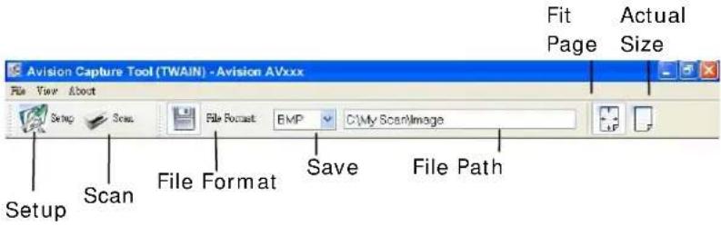 Avision Capture Tool (TWAIN) - Avision AVxxx File View About Setup Scan File Format BMP C:\My Scan\Image File Path Fit Page Actual Size Setup Scan File Format Save File Path