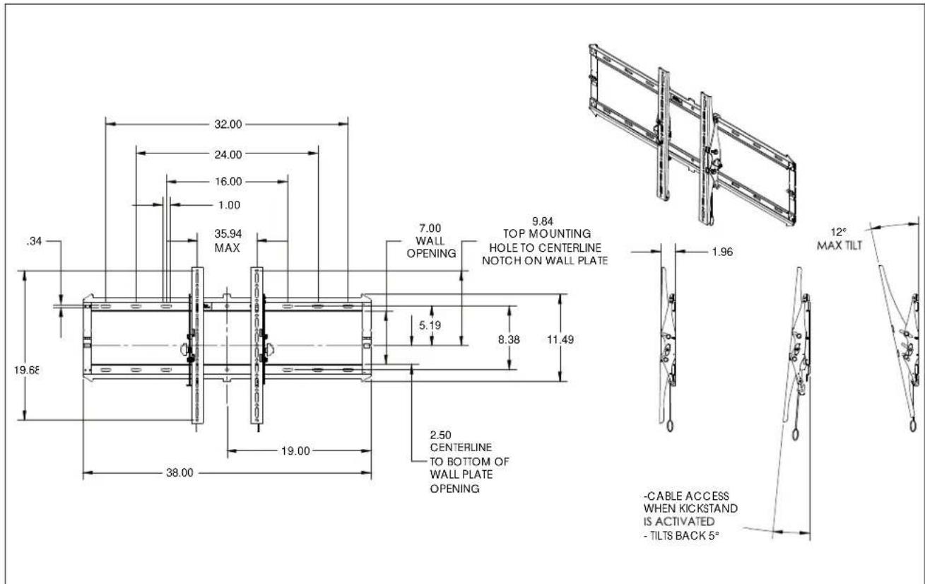 32.00 24.00 16.00 1.00 35.94 MAX .34 19.6€ 38.00 7.00 WALL OPENING 9.64 TOP MOUNTING HOLE TO CENTERLINE NOTCH ON WALL PLATE 5.19 8.38 11.49 2.50 CENTERLINE TO BOTTOM OF WALL PLATE OPENING - CABLE ACCESS WHEN KICKSTAND IS ACTIVATED - TILTS BACK 5° 12° MAX TILT