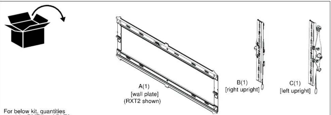 For below kit, quantities A(1) [wall plate] (RXT2 shown) B(1) [right upright] C(1) [left upright]