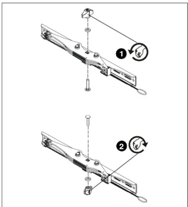 Technical diagram showing two mechanical assembly steps with labeled components and rotation arrows