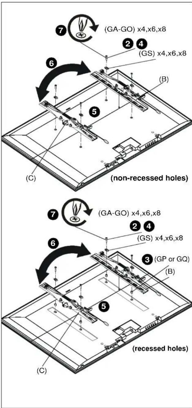 (GA-GO) x4,x6,x8 (GS) x4,x6,x8 (B) (C) (non-recessed holes) (GA-GO) x4,x6,x8 (GS) x4,x6,x8 (GP or GQ) (B) (recessed holes) (C)