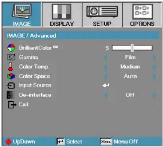 IMAGE / Advanced BrilliantColor™ Gamma Color Temp Color Space Input Source De-interlace Exit 5 Film Medium Auto Off UpDown Select Max Menu Off