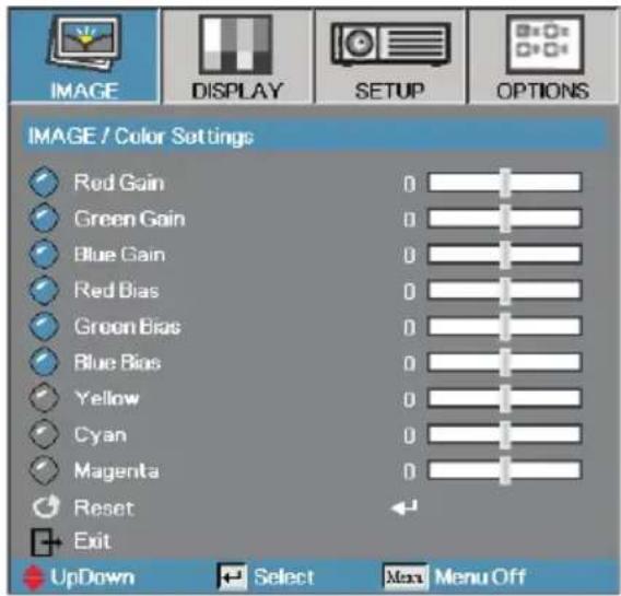 IMAGE / Color Settings Red Gain Green Gain Blue Gain Red Bias Green Bias Blue Bias Yellow Cyan Magenta Reset Exit UpDown Select Max Menu Off