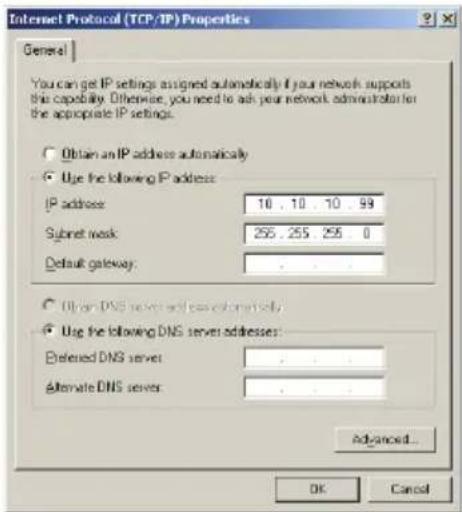 Internet Protocol (TCP/IP) Properties General You can get IP settings assigned automatically if your network supports this capability. Otherwise, you need to ask your network administrator for the appropriate IP settings. Obtain an IP address automatically Use the following IP address: IP address: 10, 10, 10, 99 Subnet mask: 255, 255, 258, 0 Default gateway: Other DNS server addresses automatically Use the following DNS server addresses: Preferred DNS server: Alternate DNS server: Advanced... OK Cancel