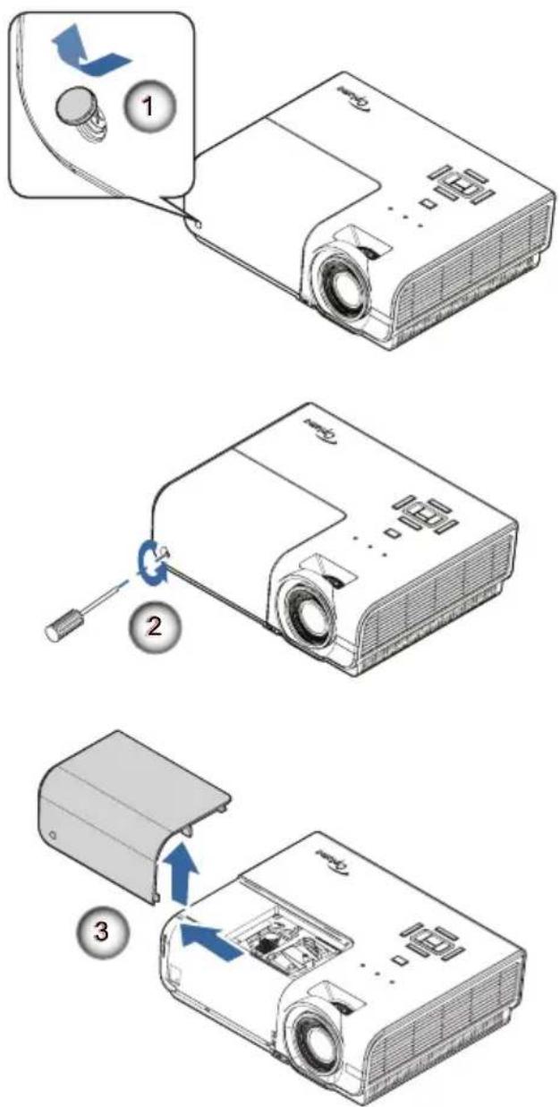 Diagram illustrating three-step steps of a projector device operation, showing component disassembly and assembly.