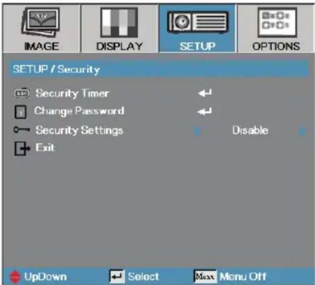 IMAGE DISPLAY SETUP OPTIONS SETUP / Security Security Timer Change Password Security Settings Exit Disable UpDown Select Menu Off