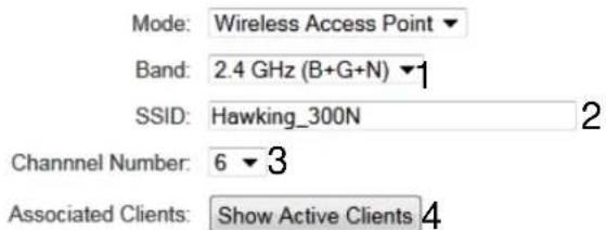 Mode: Wireless Access Point Band: 2.4 GHz (B+G+N)▼1 SSID: Hawking_300N Channel Number: 6▼3 Associated Clients: Show Active Clients 4