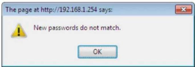 The page at http://192.168.1.254 says: New passwords do not match. OK