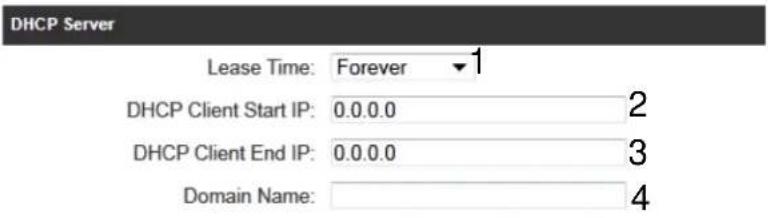 DHCP Server Lease Time: Forever 1 DHCP Client Start IP: 0.0.0.0 2 DHCP Client End IP: 0.0.0.0 3 Domain Name: 4