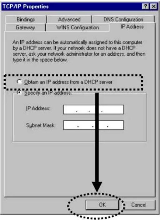 TCP/IP Properties Bindings Advanced DNS Configuration Gateway WINS Configuration IP Address An IP address can be automatically assigned to this computer by a DHCP server. If your network does not have a DHCP server, ask your network administrator for an address, and then type it in the space below. Obtain an IP address from a DHCP server Specify an IP address: IP Address: .. Subnet Mask: .. OK Cancel