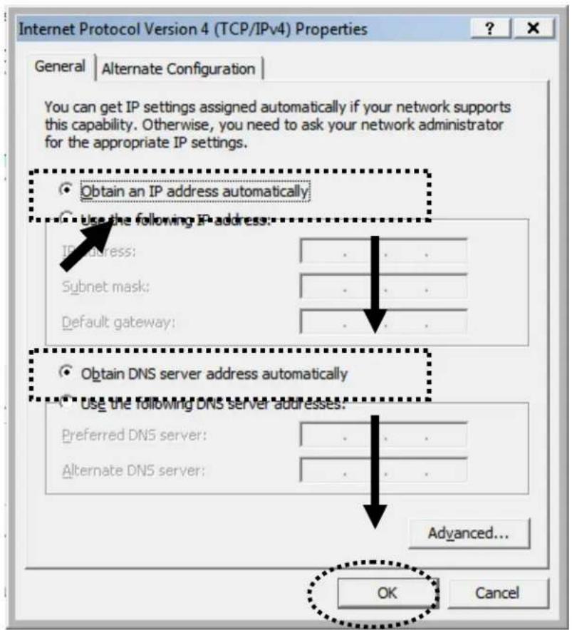 Internet Protocol Version 4 (TCP/IPv4) Properties General | Alternate Configuration | You can get IP settings assigned automatically if your network supports this capability. Otherwise, you need to ask your network administrator for the appropriate IP settings. Obtain an IP address automatically Use the following IP address: IP address: Subnet mask: Default gateway: Obtain DNS server address automatically Use the following DNS server addresses: Preferred DNS server: Alternate DNS server: Advanced... OK Cancel