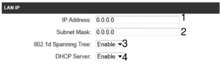 LAN IP IP Address: 0.0.0.0 1 Subnet Mask: 0.0.0.0 2 802.1d Spanning Tree: Enable ▼3 DHCP Server: Enable ▼4