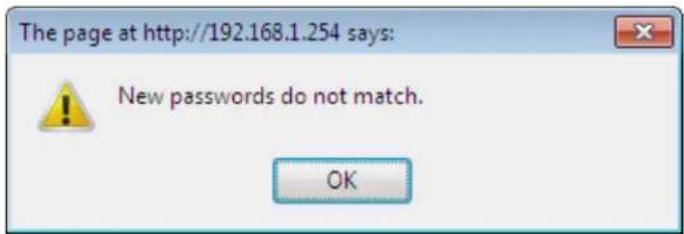 The page at http://192.168.1.254 says: New passwords do not match. OK