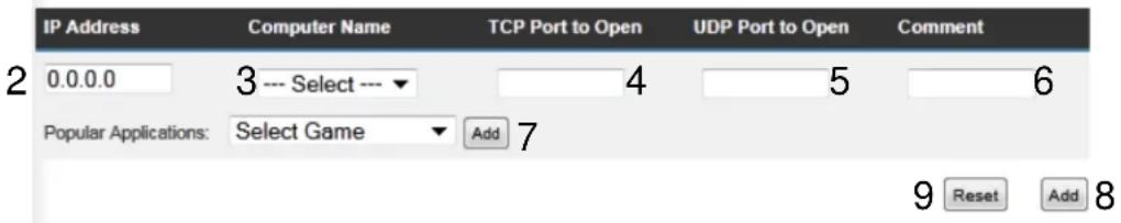 IP Address 0.0.0.0 3 --- Select --- 4 5 6 Popular Applications: Select Game Add 7 9 Reset Add 8