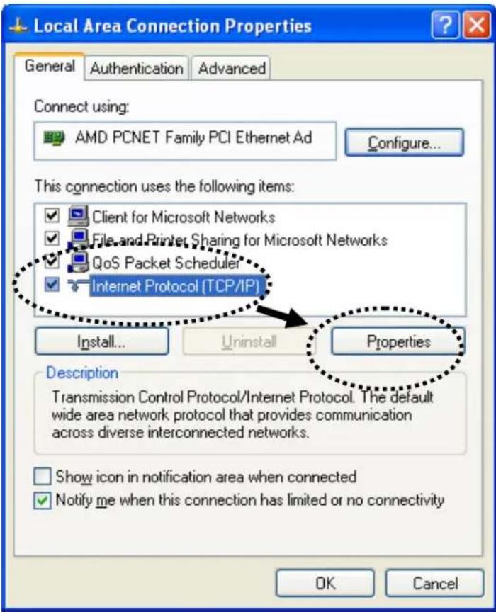 Local Area Connection Properties General Authentication Advanced Connect using: AMD PCNET Family PCI Ethernet Ad Configure... This connection uses the following items: ✓ Client for Microsoft Networks ✓ File and Printer Sharing for Microsoft Networks ✓ QoS Packet Scheduler ✓ Internet Protocol (TCP/IP) Install... Uninstall Properties Description Transmission Control Protocol/Internet Protocol. The default wide area network protocol that provides communication across diverse interconnected networks. Show icon in notification area when connected ✓ Notify me when this connection has limited or no connectivity OK Cancel