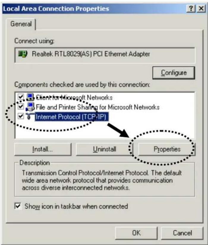 Local Area Connection Properties General Connect using: Realtek RTL8029(AS) PCI Ethernet Adapter Configure Components checked are used by this connection: Client for Microsoft Networks File and Printer Sharing for Microsoft Networks Internet Protocol (TCP/IP) Install... Uninstall Properties Description Transmission Control Protocol/Internet Protocol. The default wide area network protocol that provides communication across diverse interconnected networks. Show icon in taskbar when connected OK Cancel