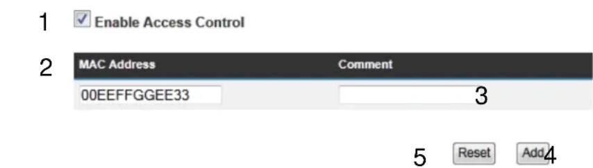 1 Enable Access Control 2 MAC Address Comment 00EEFFGGEE33 3 5 Reset Add4