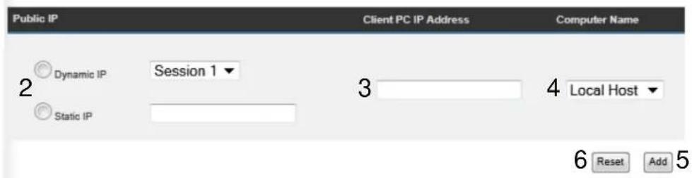 Public IP Client PC IP Address Computer Name 2 Dynamic IP Session 1 3 Local Host 4 Static IP 6 Reset Add 5
