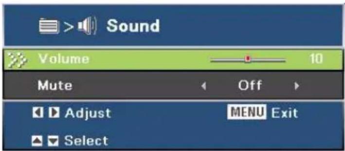 Sound Volume 10 Mute Off Adjust MENU Exit Select