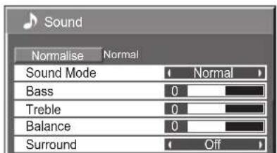 Sound Normalise Normal Sound Mode Normal Bass 0 Treble 0 Balance 0 Surround Off