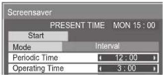 Screensaver PRESENT TIME MON 15:00 Start Mode Interval Periodic Time 12:00 Operating Time 3:00