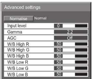 Advanced settings Normalise Normal Input level 0 Gamma 2.2 AGC Off W/B High R 50 W/B High G 50 W/B High B 50 W/B Low R 50 W/B Low G 50 W/B Low B 50