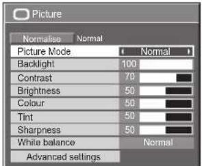 Picture Normalise Normal Picture Mode Normal Backlight 100 Contrast 70 Brightness 50 Colour 50 Tint 50 Sharpness 50 White balance Normal Advanced settings