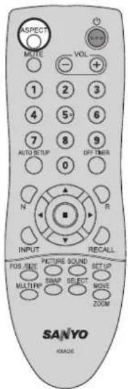 ASPECT MUTE VOL 1 2 3 4 5 6 7 8 9 AUTO SETUP OFF TIMER 0 N R INPUT RECALL FOR SIZE PICTURE SOUND SETUP MULTIFR SWAP SELECT MOVE SANYO KRADE ZOOM