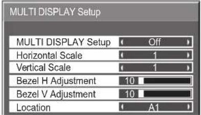 MULTI DISPLAY Setup MULTI DISPLAY Setup Off Horizontal Scale 1 Vertical Scale 1 Bezel H Adjustment 10 Bezel V Adjustment 10 Location A1