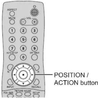 ASPECT MUTE VCLK 1 2 3 4 5 6 7 8 9 AUTO SETUP OFF$mUB 0 N R INPUT RECALL POSITION / ACTION button POS SIZE PICTURE SOUND SETUP