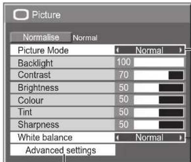Picture Normalise Normal Picture Mode Normal Backlight 100 Contrast 70 Brightness 50 Colour 50 Tint 50 Sharpness 50 White balance Normal Advanced settings