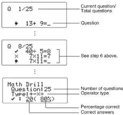 Q 1/25 Current question/ Total questions → 13+ 9=_ Question : Q 8/25 ✓ 40÷ 5=8 × 7×11=7 → 7×11=_ See step 6 above. : Math Drill Question:25 Type:+-x+ ✓ : 20( 80%) Number of questions Operator type Percentage correct Correct answers