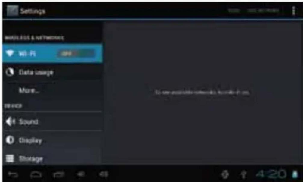 Settings WALASS & NETWORKS Wi-Fi Data usage More... SERVICE Sound Display Storage