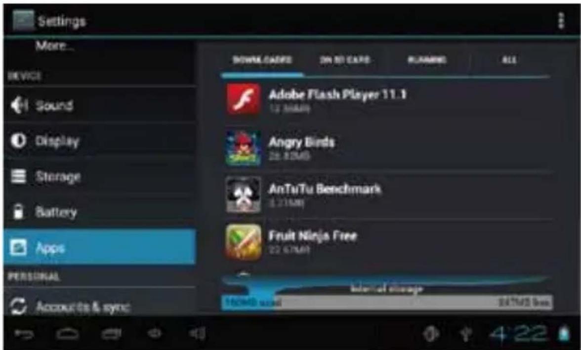 Settings More... DEVICE Sound Display Storage Battery Apps PERSONAL Accounts & sync DOWNLOADS ON BY CARD PLANING ALL Adobe Flash Player 11.1 12 MABB Angry Birds 28.80MB AnTuTu Benchmark £ 216MB Fruit Ninja Free 22.67MB Intelial storage 160MB w/4 347MB Web