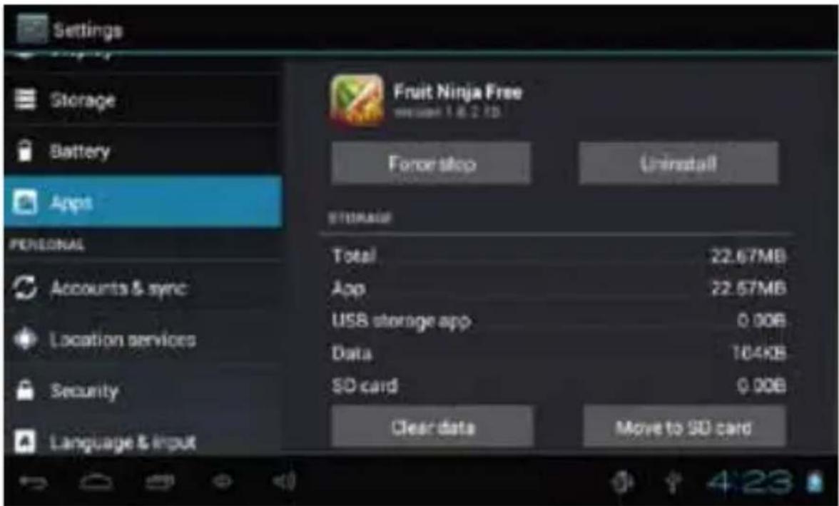 Settings Storage Battery Apps Fruit Ninja Free version 1 & 2 KB Forcer shop Uninstall STORAGE Total 22.67MB App 22.57MB USB storage app 0.00B Data 104KB SD card 0.00B Clear data Move to SD card