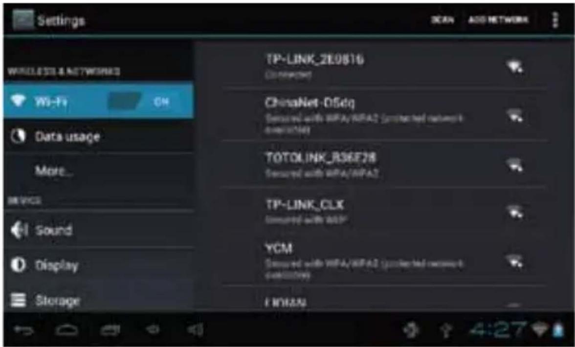 Settings WIRELESS & NETWORKS Wi-Fi Data usage More... DEVICE Sound Display Storage TP-LINK_2E0816 (Connected) ChinaNet-D5dq Secured with WPA/WPA2 (protected network I over the Net) TOTO LINK_R36F28 Secured with WPA/WPA2 TP-LINK_CLK Secured with BXP YCM Secured with WPA/WPA2 (protected network I over the Net) FINISH