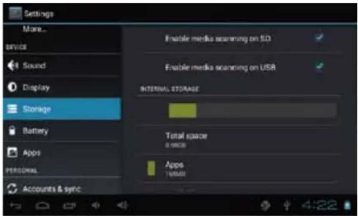Settings More... Service Sound Display Storage Battery Apps PERSONAL Accounts & sync Enable media scanning on SD Enable media scanning on USB INTERNAL STORAGE Total space 8 KB/KB Apps 100MB