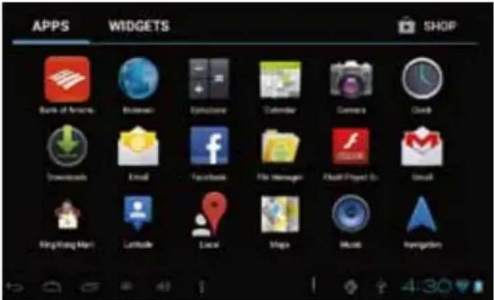 APPS WIDGETS SHOP Bank of America Business Explosits Calendar Camera Cloud Downloads Email Facebook File Manager Flash Project 5 Email King Kong Mail Linkbox Local Maps Music Inspiration