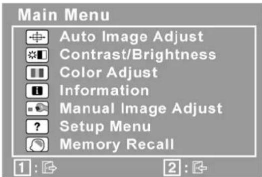 Main Menu Auto Image Adjust Contrast/Brightness Color Adjust Information Manual Image Adjust Setup Menu Memory Recall