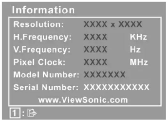 Information Resolution: XXXX x XXXX H.Frequency: XXXX KHz V.Frequency: XXXX Hz Pixel Clock: XXXX MHz Model Number: XXXXXXX Serial Number: XXXXXXXXXXXX www.ViewSonic.com 1 : ↗