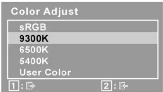 Color Adjust sRGB 9300K 6500K 5400K User Color 1 : ↗ 2 : ↖