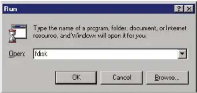 Run Type the name of a program, folder, document, or Internet resource, and Windows will open it for you. Open: fdisk OK Cancel Browse...