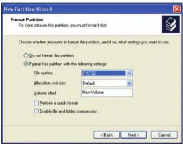 New Partition Wizard Format Partition To store data on this partition, you must format it first. Choose whether you want to format this partition, and if so, what settings you want to use. Do not format this partition Format this partition with the following settings: File system: FAT32 Allocation unit size: Default Volume label: New Volume Perform a quick format Enable file and folder compression < Back Next > Cancel