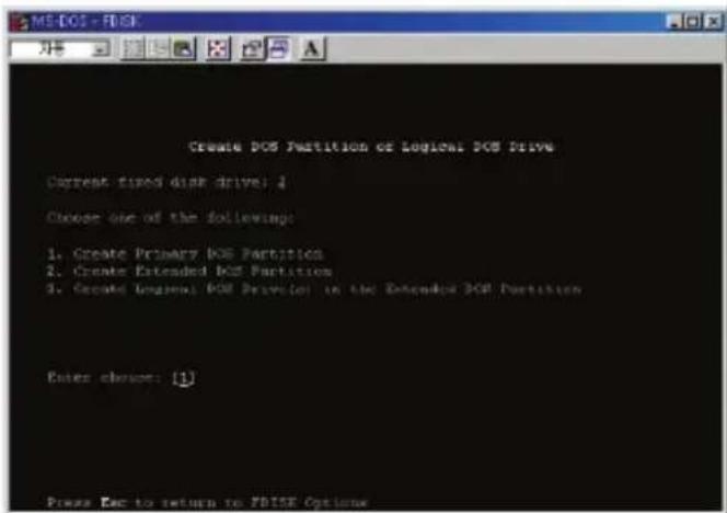 Create DOS Partition or Logical DOS Drive Current fixed disk drive: 4 Choose one of the following: 1. Create Primary DOS Particles 2. Create Extended DOS Particles 3. Create Logical DOS Particles in the Extended DOS Particles Enter choice: [1] Please Enter to return to FDISK Options
