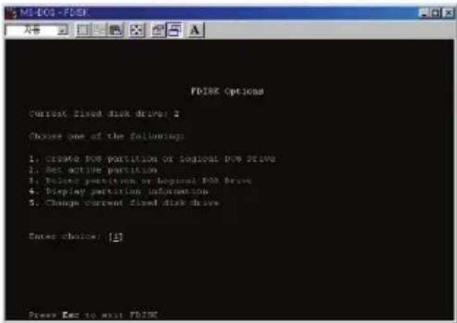 MS-DCS - FDSK FDISK Options Current fixed disk drive: 2 Choose one of the following: 1. Create DOS partition or logical DOS drive 2. Set active partition 3. Do not partition or logical DOS drive 4. Display partition information 5. Change current fixed disk drive Enter choice: [1] Press Far to exit FDSK