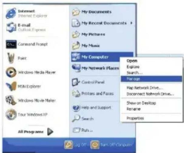 Internet Internet Explorer E-mail Outlook Express Command Prompt Paint Windows Media Player MSN Explorer Windows Movie Master Tour Windows XP All Programs My Documents My Recent Documents My Pictures My Music My Computer My Network Places Control Panel Printers and Fases Help and Support Search Run... Open Explore Search... Manage Map Network Drive... Disconnect Network Drive... Show on Desktop Rename Properties Log On Turn Off Computer