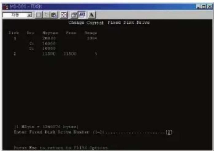 MS-DOS - FDISH Change Current Fixed Disk Drive Disk Day Mytes Free Usage 1 20000 1004 C: 10000 D: 10000 2 11500 11500 % [1 MByte = 1048576 bytes] Enter Fixed Disk Drive Bladder (1-2)....[2] Please Enter to return to FDISH Options