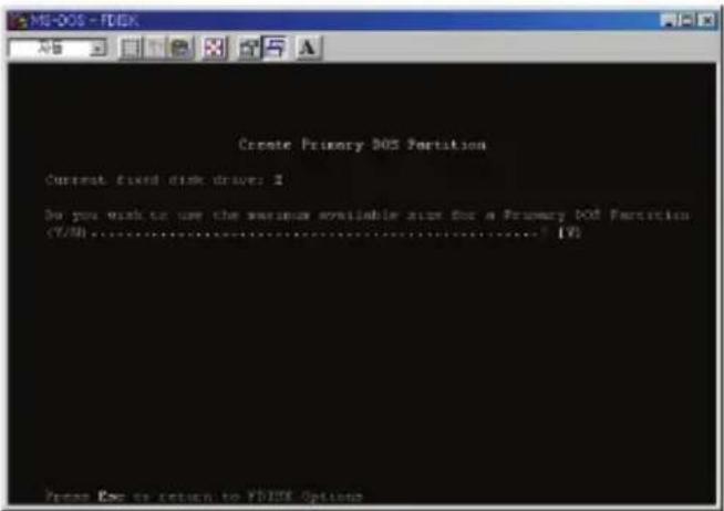 MS-DOS - FCLK Create Primary DOS Partition Current fixed disk drive: 2 Do you wish to use the various available size for a Primary DOS Partition (Y/M)....../V) Press Eas to return to Y/HOS Options