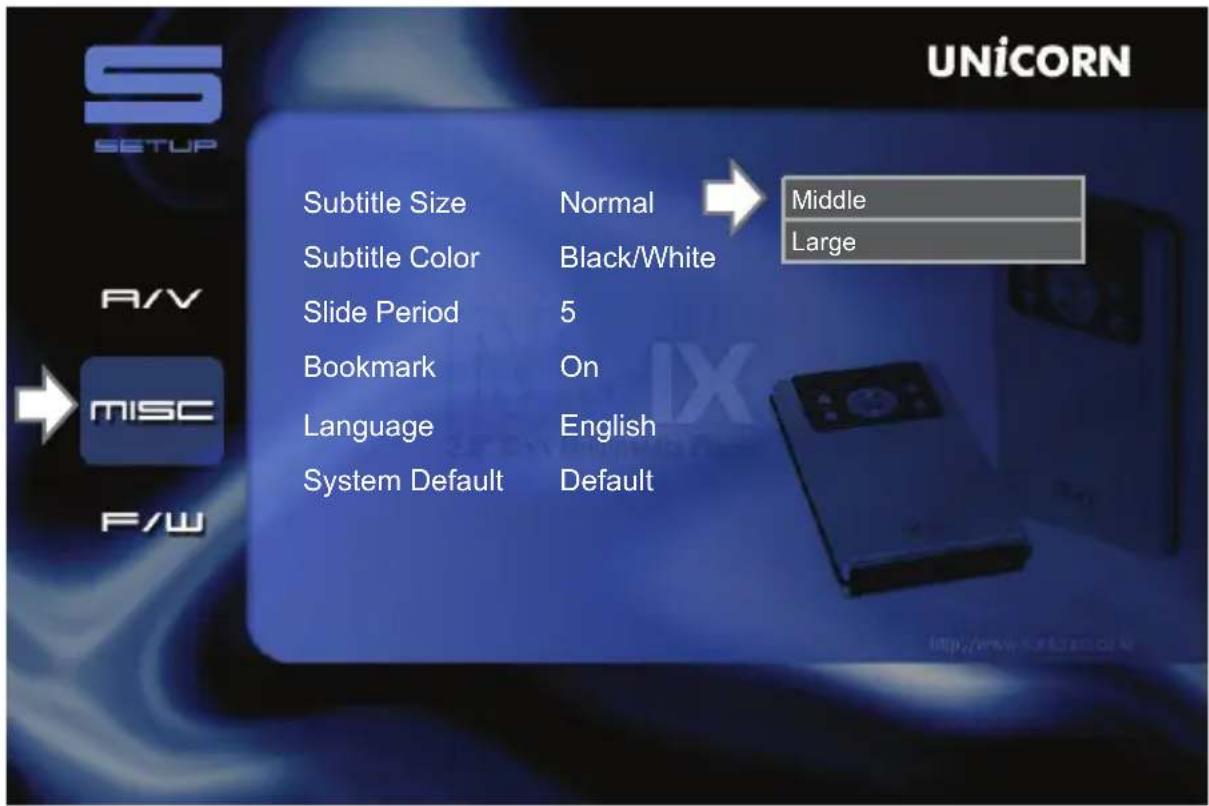UNICORN SETUP Subtitle Size Normal Middle Subtitle Color Black/White Large Slide Period 5 Bookmark On Language English System Default Default